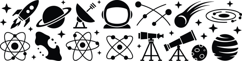 Space Exploration and Astronomy Icons in Black rocket © Chayan