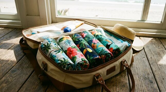 Open travel bag with rolled tropical print swimwear sets, vibrant floral colors, beach vacation preparation
