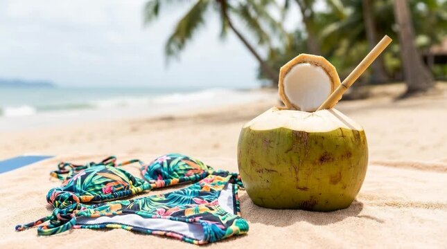 Tropical coconut cocktail and patterned bikini, green and blue, summer vacation and beach relaxation