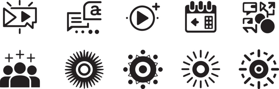 Universal Creative Studio Workspace and Graphic Design Tool Icon Set Featuring Dual Screen Video Editing Interface Drawing Tablet Stylus and Digital Content Creation Symbols in Black Line Art Style