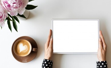 Obraz premium Hands Holding Tablet with Coffee and Flowers on White Desk for Web Design