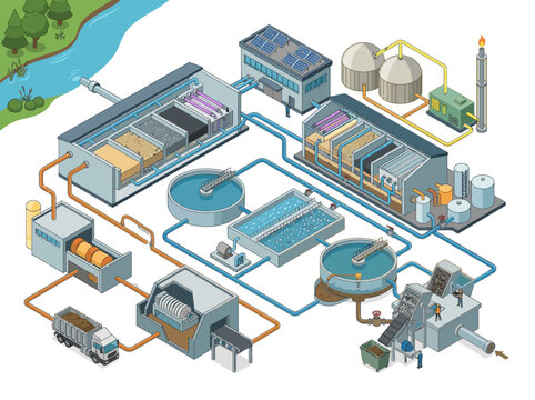 Wastewater Treatment Plant with Filtration Tanks Biogas Digesters and Pipeline System