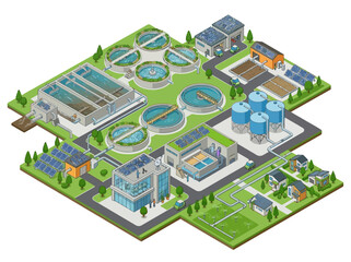 Obraz premium Wastewater Treatment Plant with Clarifier Tanks Pipes and Solar Panels for Urban Water Management