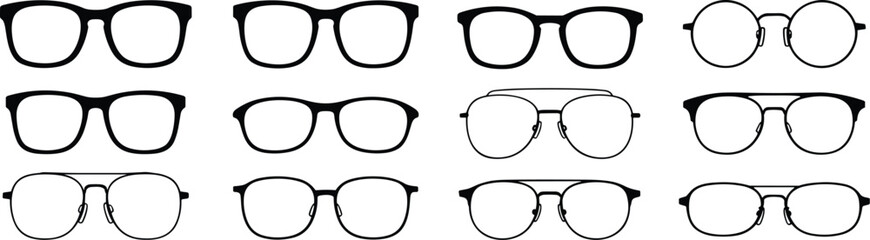 Collection of twelve black silhouette eyeglasses frames © VectorVibe Studio