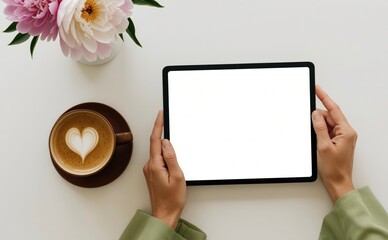 Obraz premium Hands Holding Tablet with Coffee and Flowers on White Desk for Digital Design