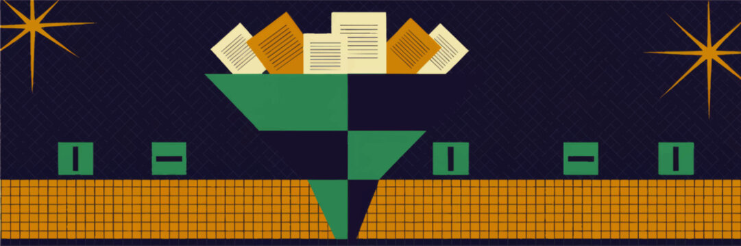Abstract data funnel with documents and binary code, flat geometric illustration of digital analytics and information processing on dark background