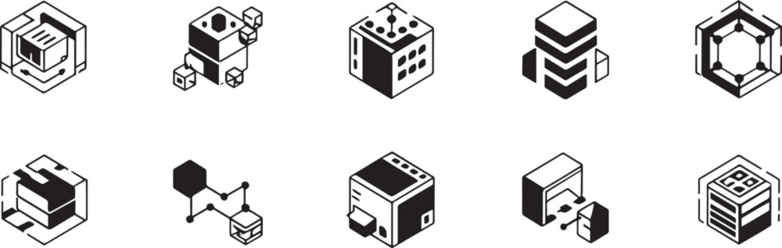 Universal Isometric Cloud Computing and Database Server Icon Set Featuring Blockchain Infrastructure Data Network Cubes and Digital Tech Storage Symbols in Line Art Style