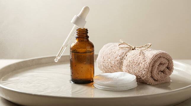 Natural skincare product bottle and cotton pad on a white cerami