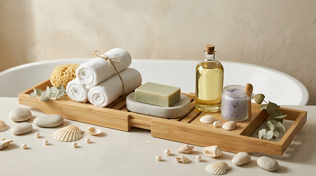 Luxury spa setup with rolled towels, bath soap, and essential oi