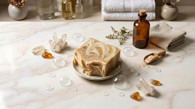 Creamy soap bar resting on a plate with clear crystals and spa e