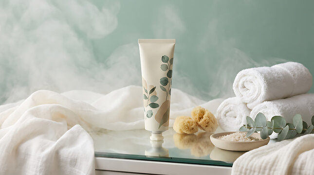 Spa product display featuring white towel and cosmetic tube on a