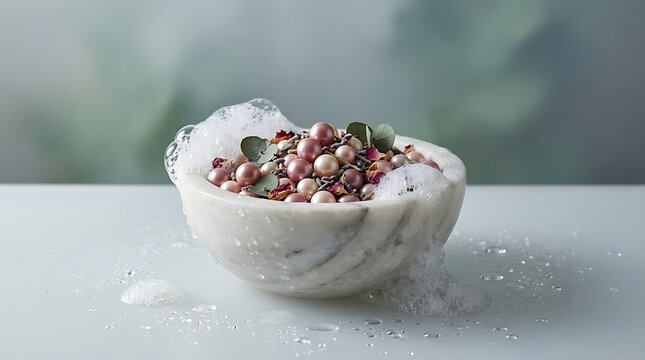 Close-up of white bowl filled with colorful pearls and green acc