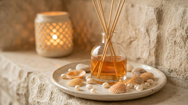 Seashell and Oil Bottle on a White Plate with a Glowing Lantern