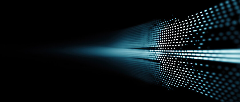 Glowing blue dotted light streaks accelerate diagonally across dark black abstract digital technology background.