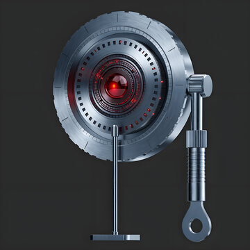 Premium 3D realistic illustration of a futuristic cyber security vault door lock mechanism, circular brushed titanium dial with a glowing ruby red cryptography core on dark backdrop