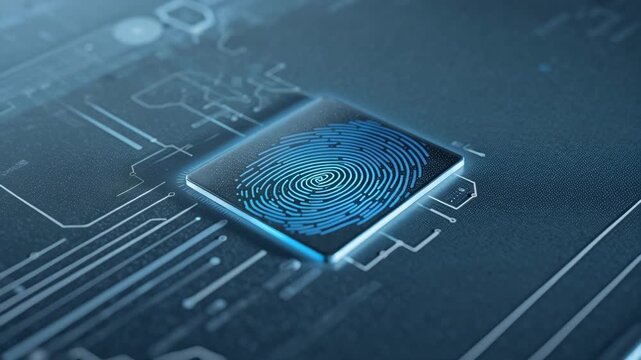 Blue fingerprint sensor chip glowing on circuit board biometric security chip circuit protection