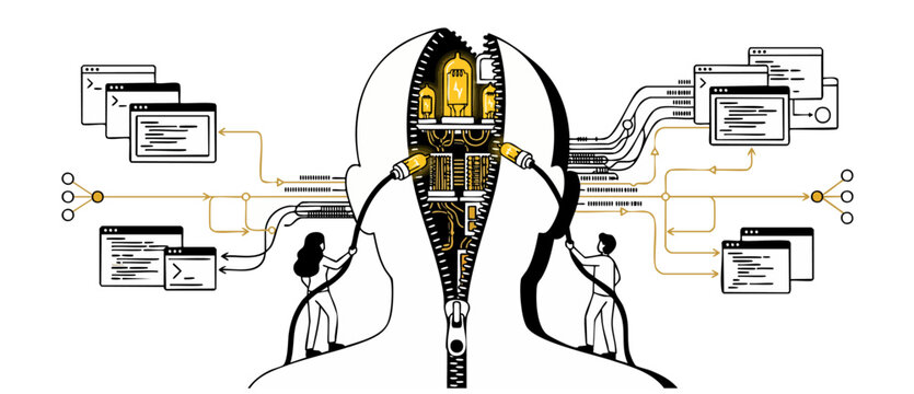 Artificial Intelligence Brain Concept, Technology Digital Mind Opening with Zipper, Machine Learning Data Processing and Programming Coding Interface, Neural Network Connectivity and Human Innovation