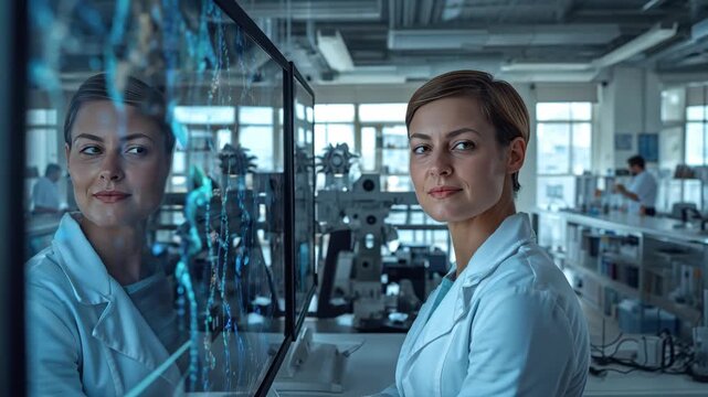 Laboratory scientist researcher analyzing molecular data transparent display with focused data