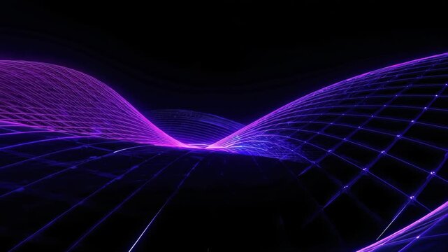 Neon grid wave landscape glowing purple blue futuristic motion masterpiece flowing luminous mesh