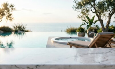 Obraz premium Luxury Poolside View with Ocean Horizon for Web Design