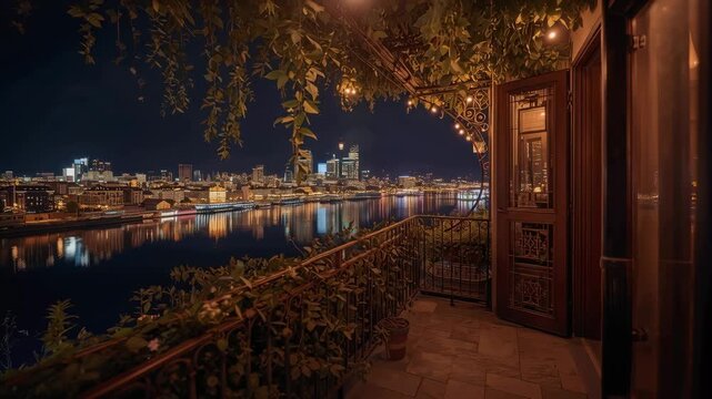 Balcony night cityscape river lights cozy skyline terrace with warm string lights and hanging plants