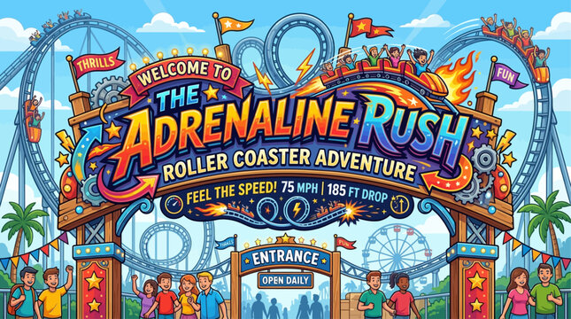 Vibrant illustration of an amusement park entrance, featuring a thrilling roller coaster inviting visitors to high-speed rides and unforgettable adventures