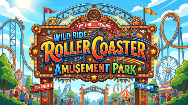 Vibrant cartoon amusement park entrance. Grand archway welcomes visitors to thrilling roller coasters, exciting rides, and family fun
