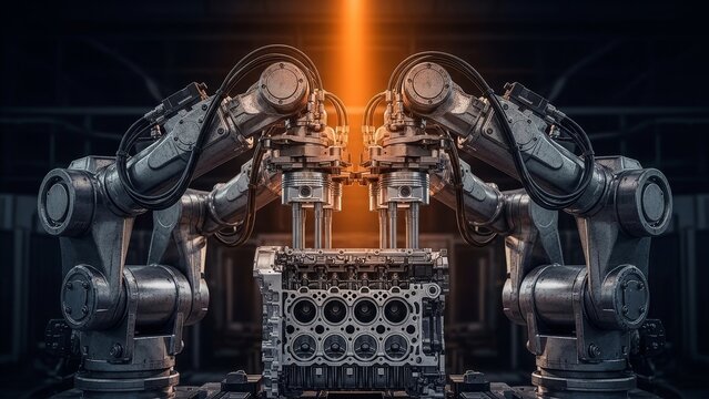 Automotive Manufacturing - Robotic Arms Assembling Pistons Into V8 Engine Block in Industrial Factory
