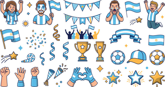 Argentinian football celebration vector set &ndash; fans, flags, trophies and party elements collection