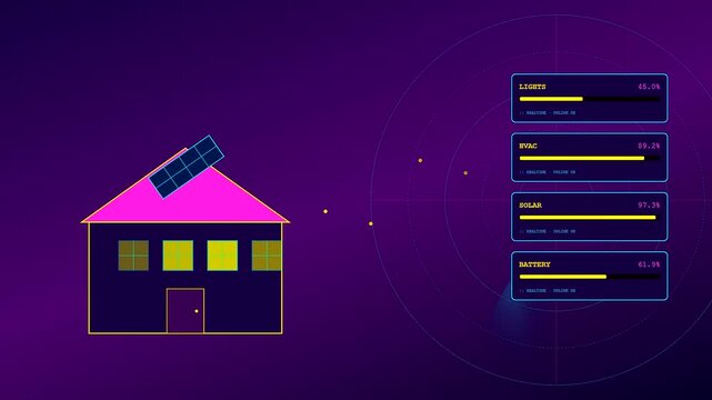 Dynamic motion graphics display how a Decentralized Energy Network optimizes residential solar consumption while monitoring battery and HVAC metrics on a sleek holographic dashboard screen.