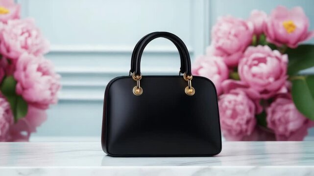 Black handbag displayed on marble surface with pink peonies backdrop  