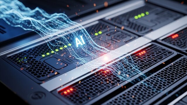 Technology - AI Artificial Intelligence Server Hardware with Glowing Digital Wave Data Stream and Sparks