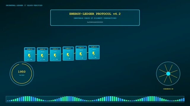 A dynamic digital interface monitors a decentralized energy network as kilowatt transactions flow through an immutable blockchain ledger with fluctuating counters and glowing graphic points