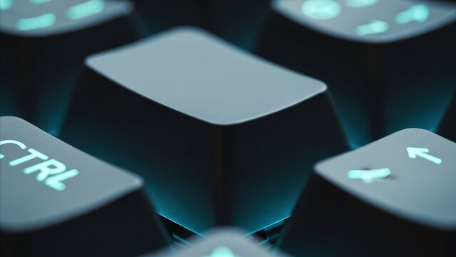 Technology - Extreme Closeup of Backlit Mechanical Keyboard Keys with Cyan RGB Glow in Dark Studio Setting