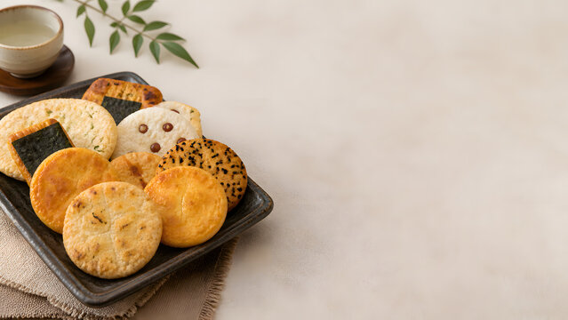 Senbei Rice Crackers Background with Copy Space