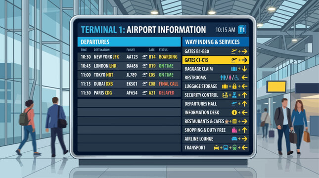 Airport information board displaying flight departures and terminal services with travelers walking by in a modern terminal building