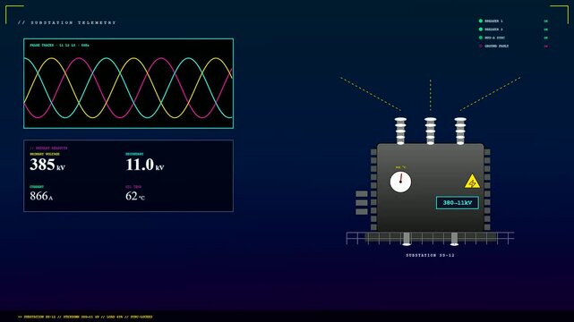 Futuristic Decentralized Energy Network interface monitoring substation telemetry data. Shows fluctuating voltage levels and alternating current waveforms on a sleek digital dashboard display.