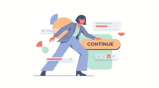 Businesswoman interacting with large continue button interface element.
