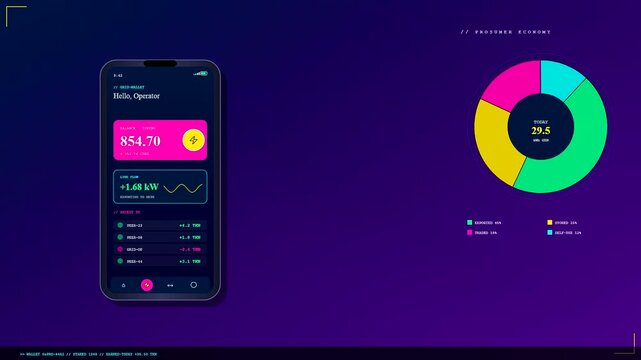 A modern smartphone displaying a Decentralized Energy Network dashboard that updates live data metrics and colorful infographic charts across an animated purple and blue digital background