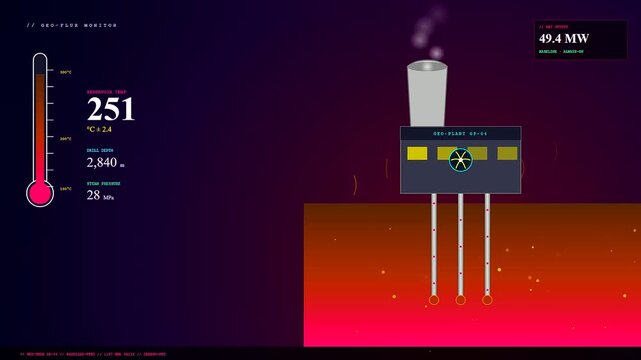 Futuristic dashboard for a Decentralized Energy Network displaying real-time geothermal power plant stats. Includes temperature and drill depth for efficient sustainable resource management.