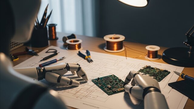 Technology - Robot Hands Examining Circuit Board Over Engineering Schematic Blueprint on Workshop Desk With Copper Wire Spools