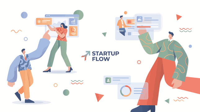 People managing startup flow with floating interface elements.