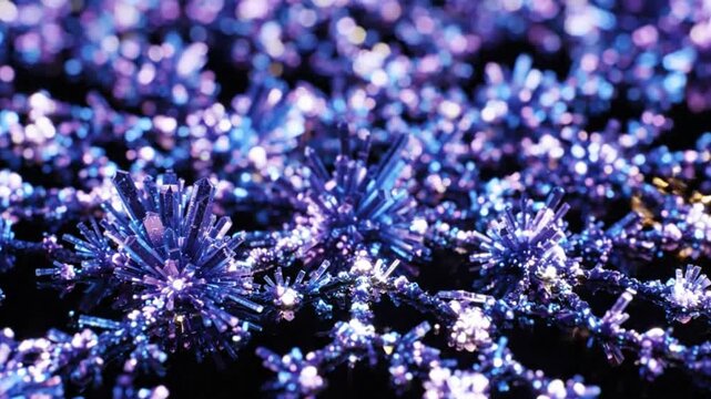 Close-up of shimmering hexagonal amethyst crystal clusters sparkling with light, macro photography