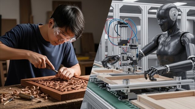 Technology vs Craftsmanship - Asian Man Hand Carving Intricate Wood Panel Compared to Humanoid Robot Operating CNC Machine