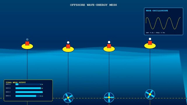 This motion graphic shows a decentralized energy network where buoys bob on waves and underwater turbines spin to generate sustainable electricity for a maritime grid system.