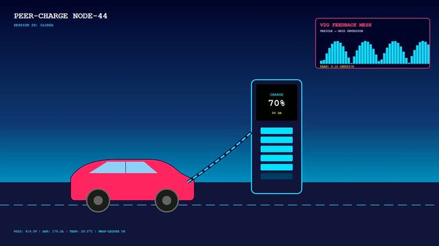 As part of a decentralized energy network, this digital animation shows an electric vehicle charging its battery while simultaneously providing feedback to the smart power grid.