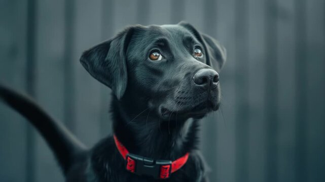 Black Labrador dog looking curiously against dark wooden background  