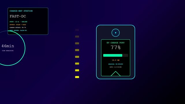 This futuristic interface for a Decentralized Energy Network displays real time battery status and charging progress metrics for electric vehicles within a modern smart city grid system