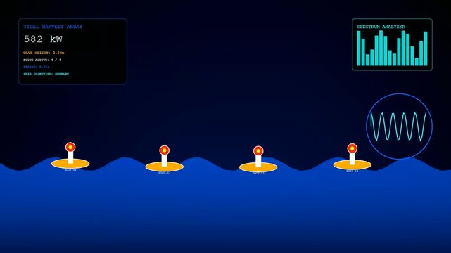 Advanced monitors tracking a decentralized energy network display real time data as orange buoys bob on ocean waves to generate sustainable power for the grid
