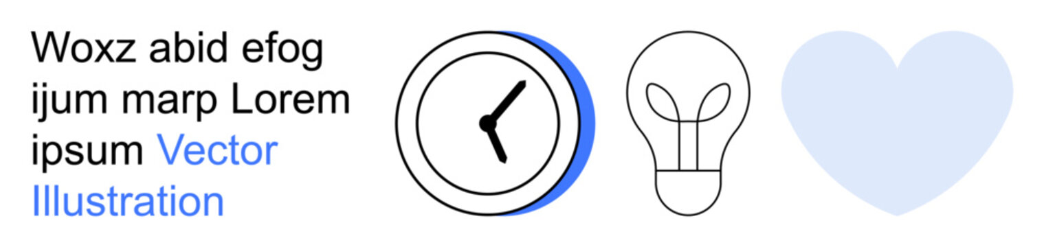 Productivity, innovation, love, time management, creativity, inspiration. Clock, light bulb and heart symbols in minimalist style. Time management and innovation themed vector graphic